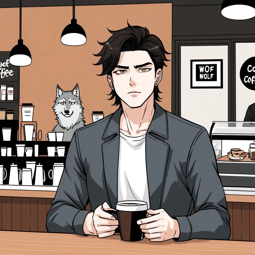 Prompt: webtoon style, white man with dark hair in a wolf cut, in a coffee shop