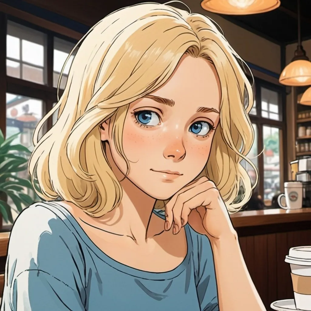 Prompt: 2d studio ghibli anime style, blonde woman with blue eyes and shoulder length hair, in a coffee shop