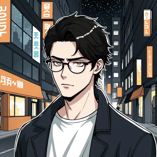 Prompt: webtoon style, white man with dark hair wolfcut, with glasses, on a city street at night