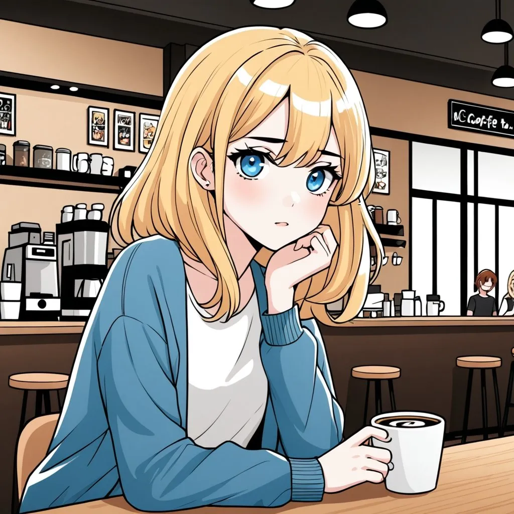 Prompt: anime webtoon, cute woman, blonde hair, blue eyes, in a coffee shop