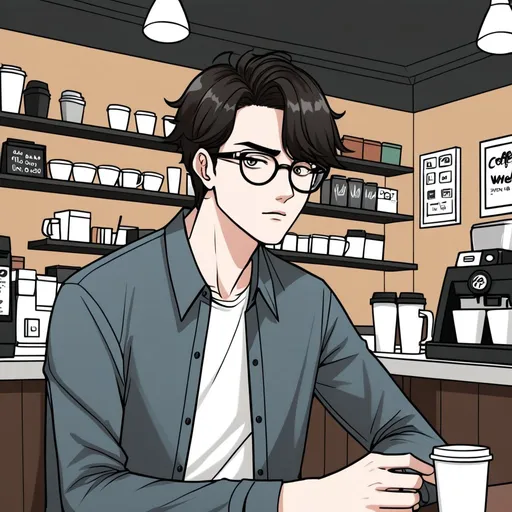 Prompt: webtoon style, white man with dark hair wolfcut, with glasses, in a coffee shop