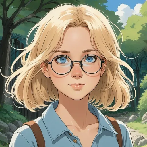 Prompt: 2d studio ghibli anime style, cute woman with shoulder length blonde hair, blue eyes, wire frame glasses, outdoor scene