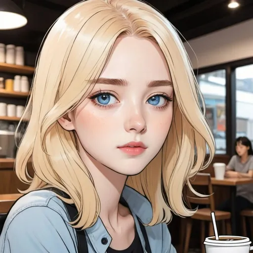 Prompt: Webtoon manhwa style blonde girl with blue eyes and shoulder length hair in a coffee shop