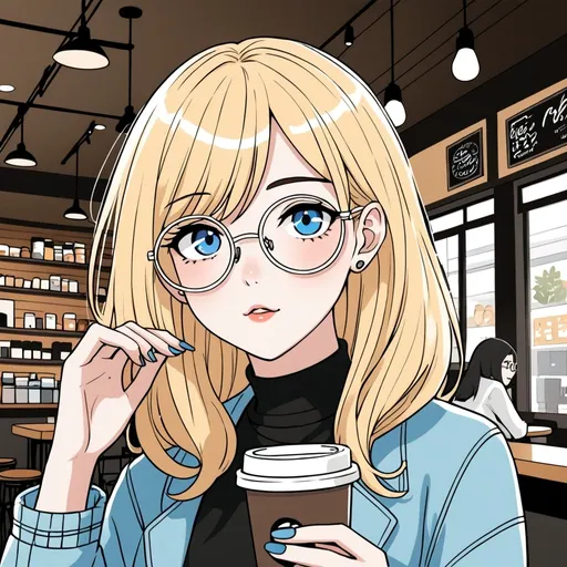 Prompt: anime webtoon, cute woman, shoulder length blonde hair, blue eyes, wire frame glasses, wearing makeup, in a coffee shop