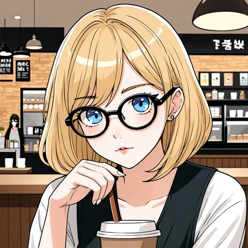 Prompt: anime webtoon, cute woman, shoulder length blonde hair, blue eyes, cat-eye glasses, in a coffee shop