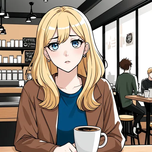 Prompt: anime webtoon, woman, blonde hair, blue eyes, in a coffee shop