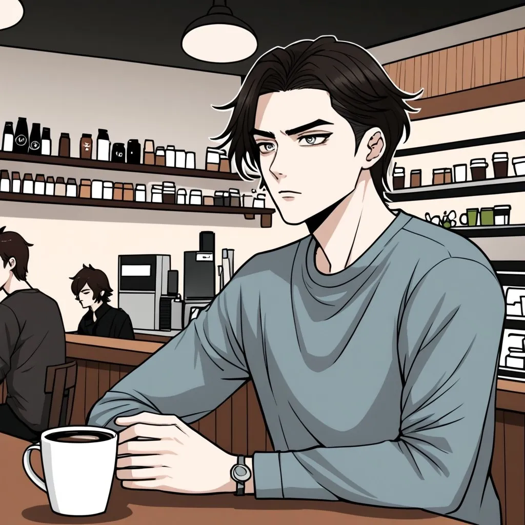 Prompt: webtoon style, white man with dark hair wolfcut, in a coffee shop