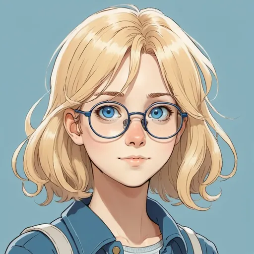 Prompt: 2d studio ghibli anime style, cute woman with shoulder length blonde hair, blue eyes, wire frame glasses