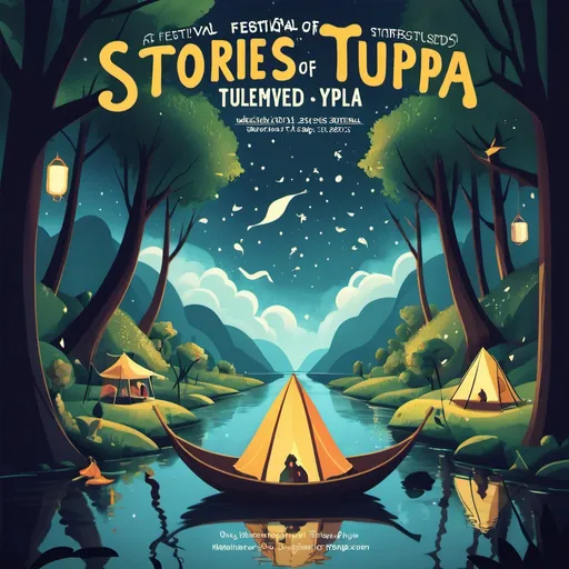 Prompt: a festival poster for our festival called Stories of Tulpa. magical riverside 