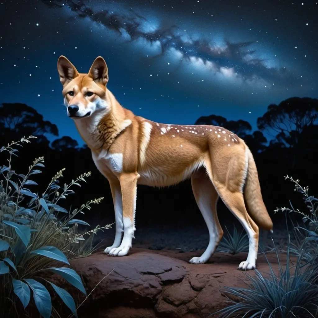 Prompt: (dingo in the bush at night), illuminated by (moonlight), against a stunning (night sky) adorned with the (Milky Way), featuring a rich tapestry of (deep blues and blacks), evoking a sense of (tranquility and mystery), detailed textures of bush vegetation, stars twinkling brightly, (ultra-detailed), cinematic ambiance, capturing the beauty of nature in a serene nighttime setting. Photo realistic, high detail