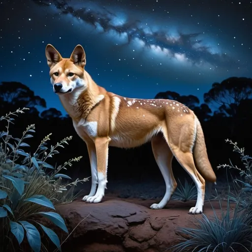 Prompt: (dingo in the bush at night), illuminated by (moonlight), against a stunning (night sky) adorned with the (Milky Way), featuring a rich tapestry of (deep blues and blacks), evoking a sense of (tranquility and mystery), detailed textures of bush vegetation, stars twinkling brightly, (ultra-detailed), cinematic ambiance, capturing the beauty of nature in a serene nighttime setting. Photo realistic, high detail