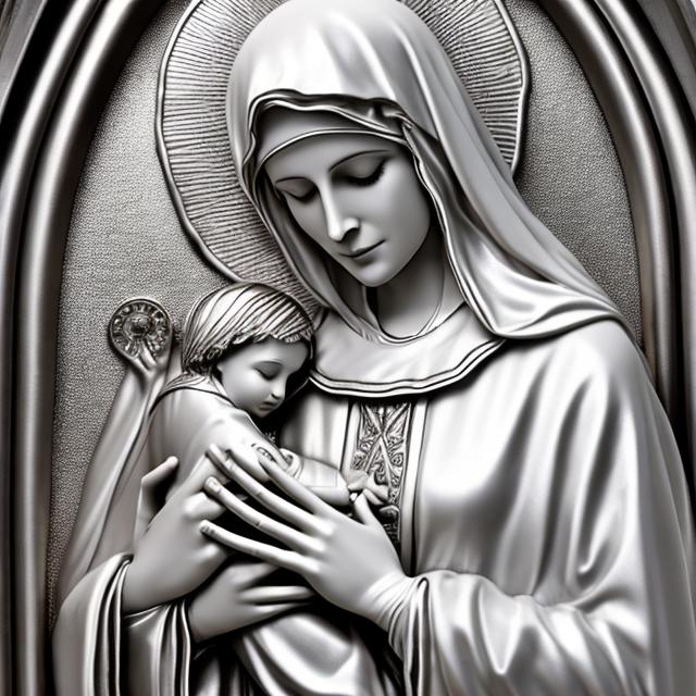 Prompt: Mother Mary in silver clothing with blessing hands 