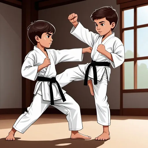 Prompt: a 11 year boy doing karate with 6 years boy by doing hook kick
cartoon character