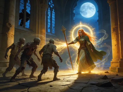 Prompt: @ACIMRBXWM5lS0PkD88Fr brandishes her staff at  three zombies. She is emanating a nimbus of holy light that repels the zombies.