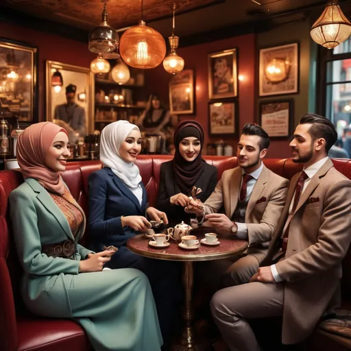 Prompt:  A few people dressed as British mafias, consisting of two women with hijab and two men with cigars, took a group photo inside a cafe ordering tea.