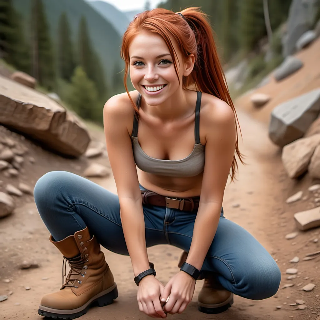 Prompt: a hyper realistic girl with red hair in a ponytail tan flawless with no shirt underneath wearing jeans and a belt in hiking boots looking happy and smiling kneeling on the gound looking up at camera looking down at her