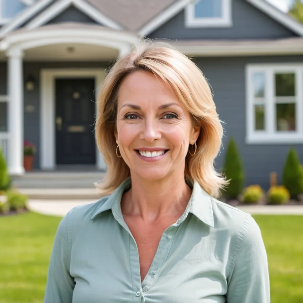 Prompt: create an image of a happy female home buyer around 40 years old