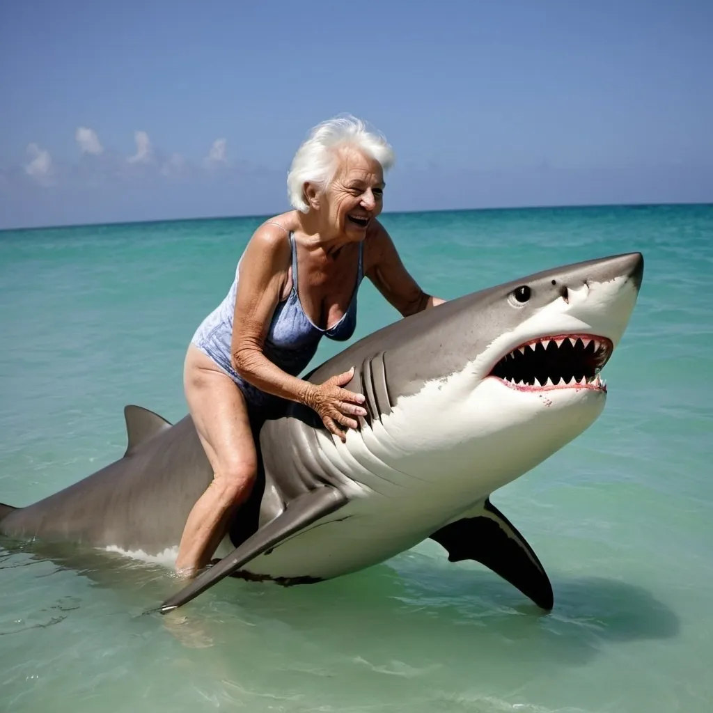 Prompt: An elderly woman tames and rides a shark on the waters of Hollywood Beach, Forida.
