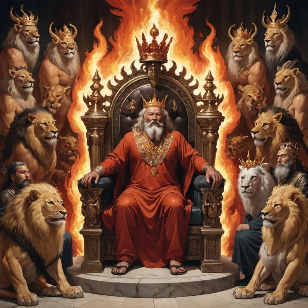 Prompt: a man sitting on a throne who shines like jasper surrounded by 24 elders who are wearing crowns and sitting on 24 thrones with 4 beasts in the room who resemble an ox, a lion, an eagle and a man with eyes on all sides of them and seven torches of fire.