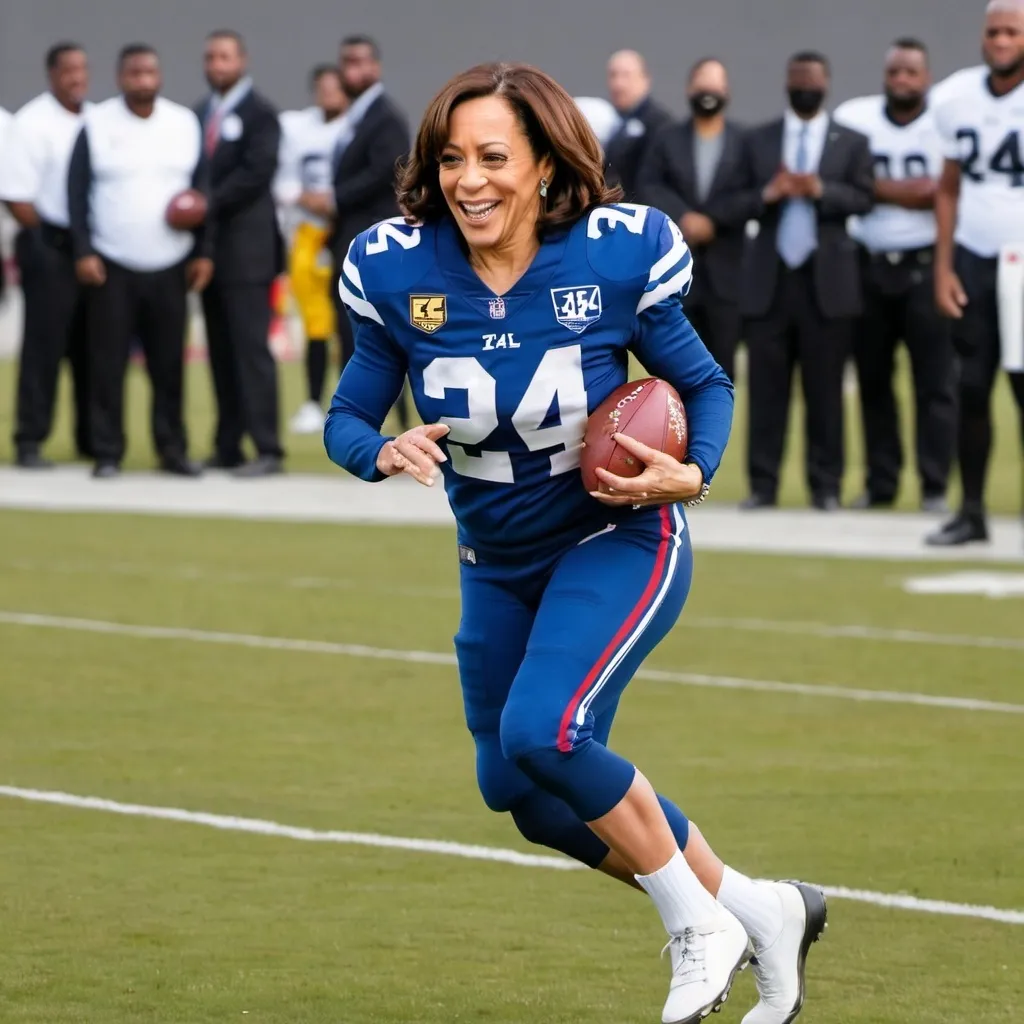 Prompt: kamala harris playing football wearing number 24 carrying the ball
