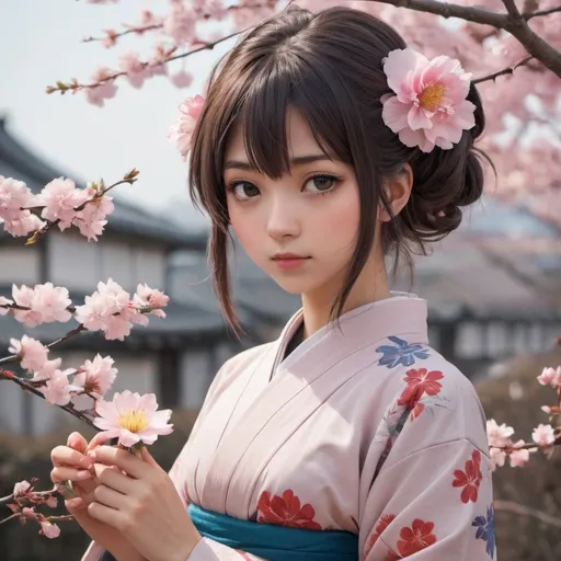 Prompt: Anime style una ragazza giapponese mezzo tanti fiori 