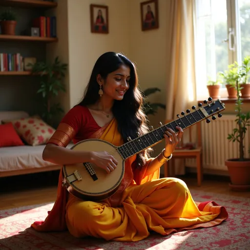 Prompt: @qWFttBKJRssjqAceRVyO  is  rehars song at her home   using tanpura 