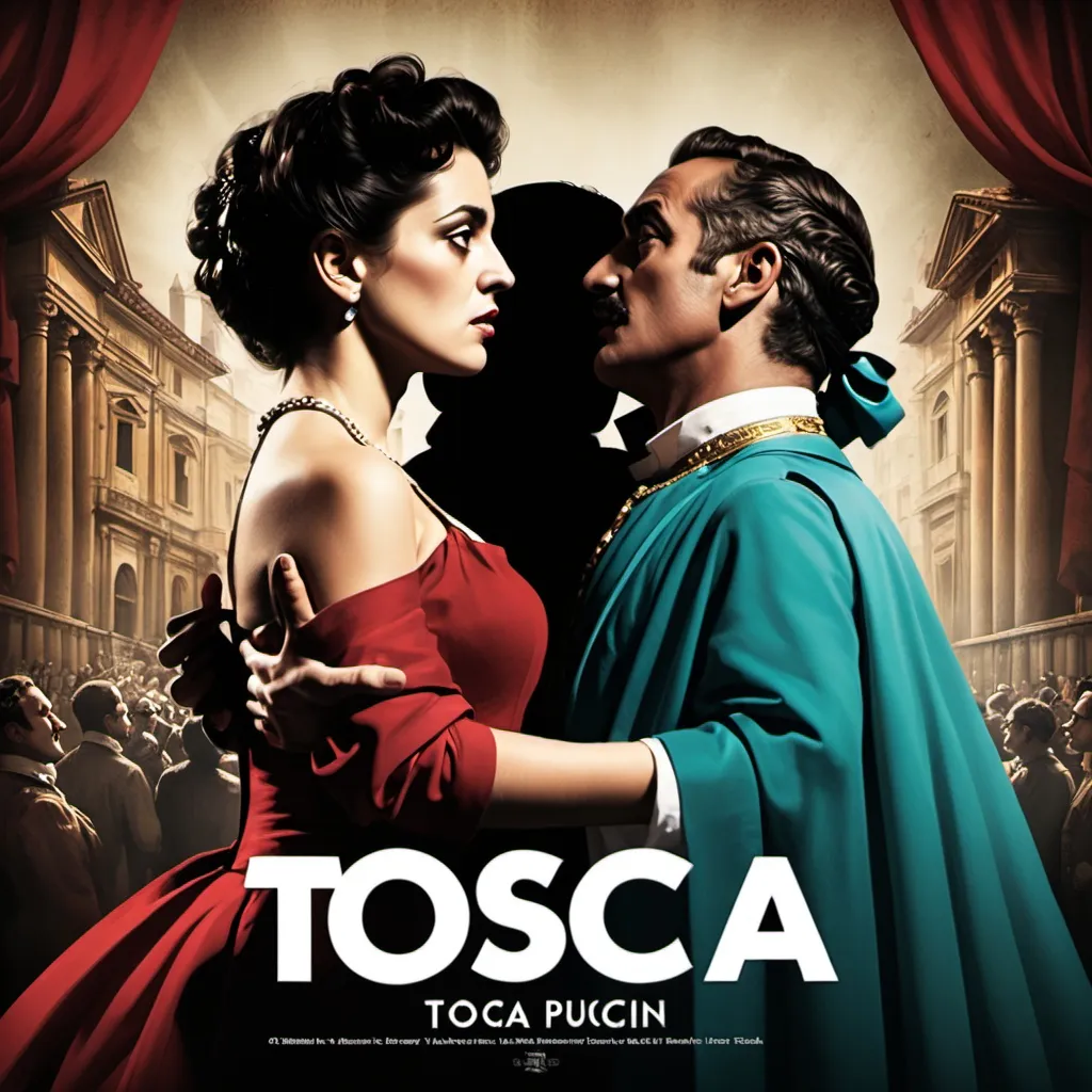 Prompt: fammi una locandina teatrale di tosca -puccini  che invita a guardare lo spettacolo (in italiano)