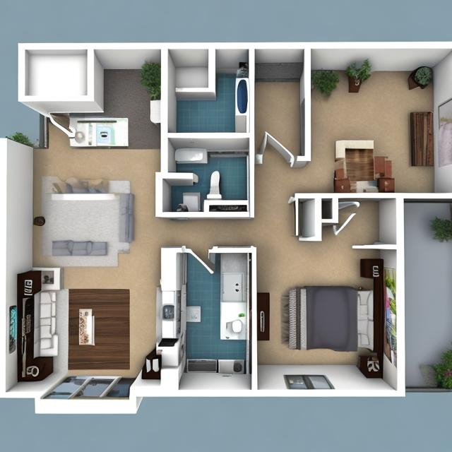 Prompt: a floor plan , in modern style,incloud 3 rooms with master service and bigest room have a closet and balcon