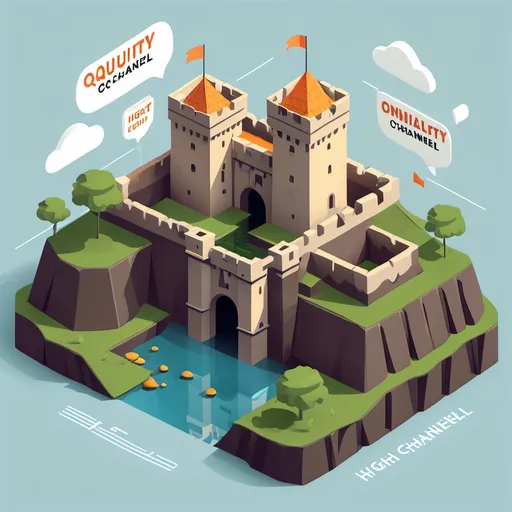 Prompt: create a image of a small fort with a moat around it. The walls have three posters on them with the words high quality, digital and omnichannel ecosystem. Clipart style with transparent background