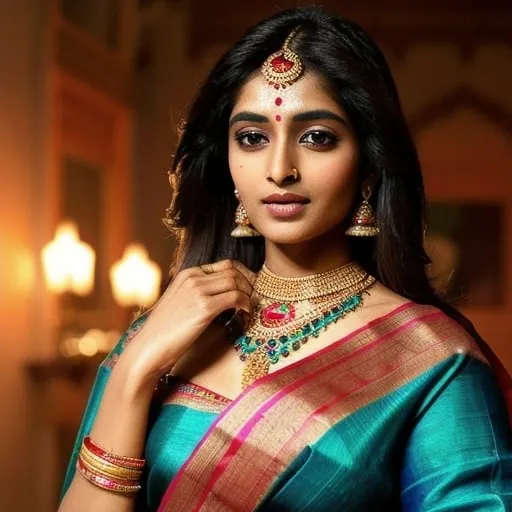 Prompt: Super beautiful Indian woman in full figure, vibrant silk saree, traditional jewelry with intricate details, henna-adorned hands, striking accentuated eyes, luscious glossy hair, warm and vibrant colors, high quality, realistic, traditional, detailed fabric, intricate jewelry, elegant, vivid lighting
