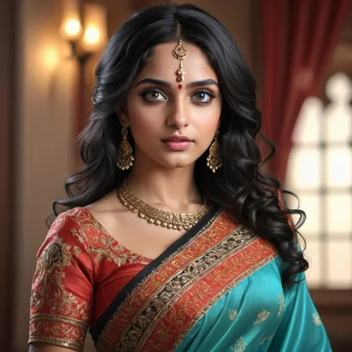 Prompt: Beautiful girl with beautiful  eyes, traditional Indian saree, black wavy hair, 3D rendering, professional lighting, high quality, detailed embroidery, vibrant colors, elegant pose, stunning facial features, cultural attire, intricate design, traditional beauty, professional quality