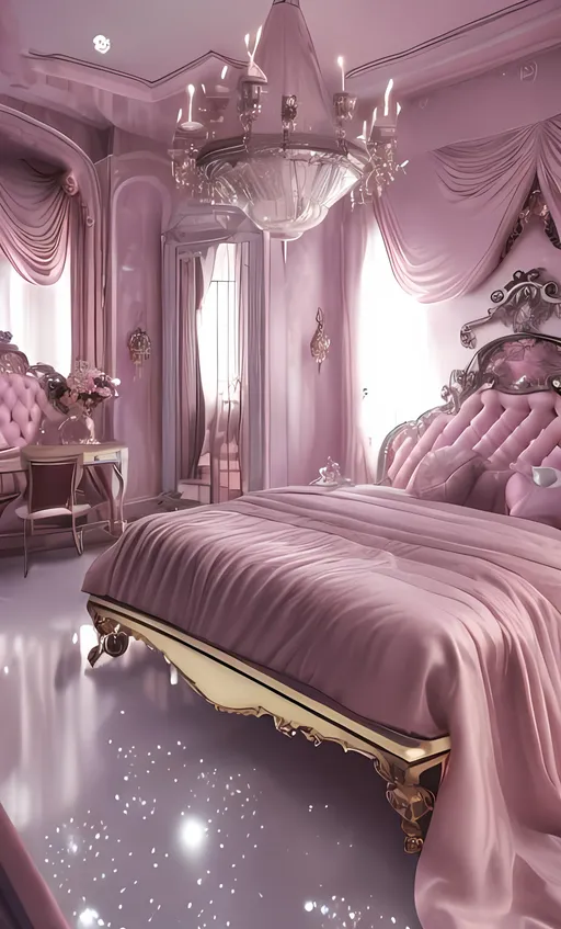 Prompt: Rose jeweled themed bedroom with glass dome ceiling, pink and diamonds color scheme, doors of bedroom open, clean aesthetic, opulent bed as main focus, luxurious materials, warm and cozy lighting, high quality, detailed celestial decor, romantic ambiance, elegant design, dreamy atmosphere. A bedroom and princess would live in. 1080px by 1920px
