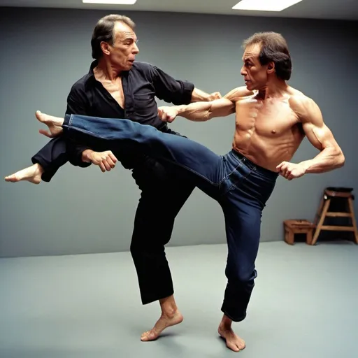 Prompt: Alain Finkielkraut do a high kick like jean Claude van damme