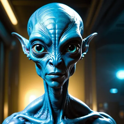 Prompt: Blue alien, looks almost human, strong jaw, fleshy, smooth face, tall, long neck, friendly smile, smooth forehead