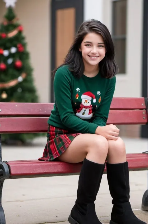 Prompt: Smiling at you, A teenage girl with black hair and green eyes wearing a dark green long sleeve shirt with a red green and black plaid mini skirt and small ankle high fur boots. Sitting on a bench during Christmas time.