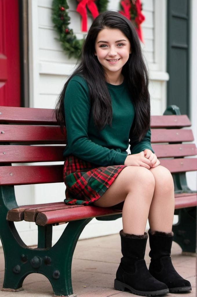 Prompt: 6 feet away, Smiling at you, A teenage girl with black hair and green eyes wearing a dark green long sleeve shirt with a red green and black plaid mini skirt and small ankle high fur boots. Sitting on a bench during Christmas time.