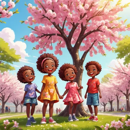 Prompt: Cartoon tall cherry tree, four black children, playful expressions, vibrant colors, detailed environment, high quality, vibrant, cartoon style, cherry blossom tree, joyful atmosphere, sunny day, playful poses, colorful clothing, detailed faces, happy expressions, greenery, sunlight, cheerful