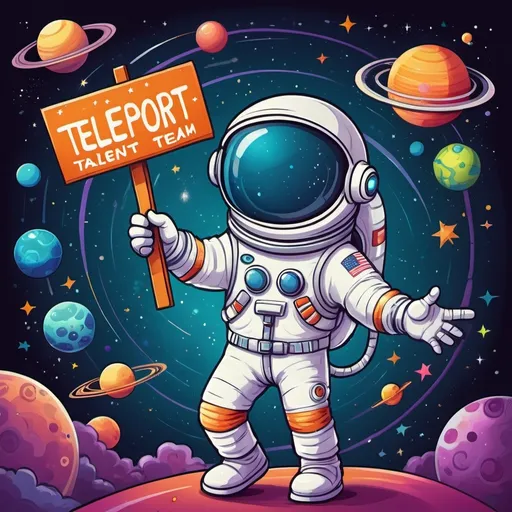 Prompt: (cartoon astronaut), cheerful and vibrant, holding a sign (accurately spelled text "Teleport Talent Team"), cosmic background with stars and planets, whimsical colors, playful atmosphere, dynamic pose, highly detailed illustration, smooth lines and bright colors, imaginative and inspiring scene, suitable for a fun event or creative project, ultra-detailed, high-quality artwork.