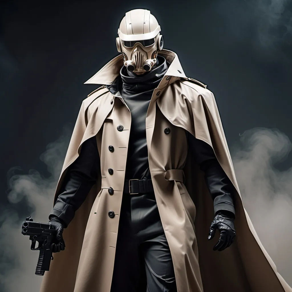Prompt: Epic Sci-fi soldier wearing trench coat and shoulder cape with high collar that has face mask helmet 
