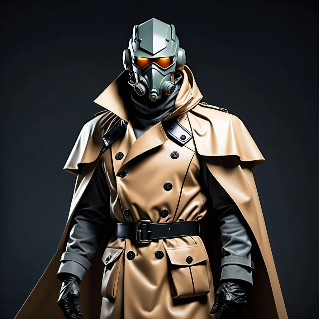 Prompt: Epic Sci-fi soldier wearing trench coat and shoulder cape with high collar that has face mask helmet 