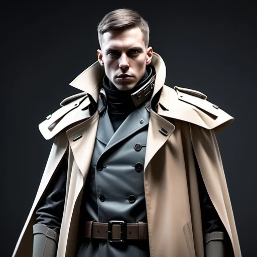 Prompt: Epic Sci-fi soldier wearing trench coat and shoulder cape with high collar 