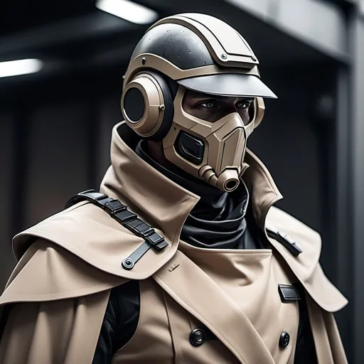 Prompt: Epic Sci-fi soldier wearing trench coat and shoulder cape with high collar that has face mask helmet 