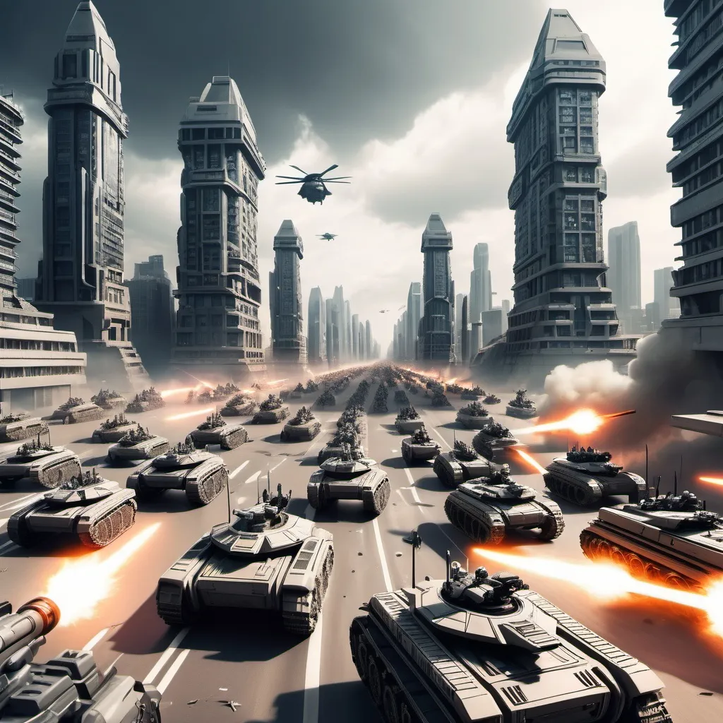 Prompt: Epic Sci-fi army battle in a mega city 