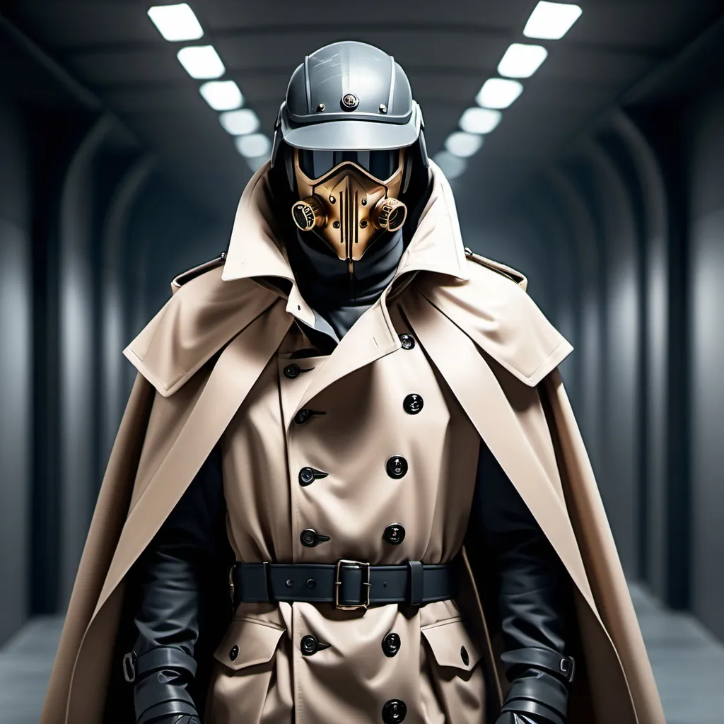 Prompt: Epic Sci-fi soldier wearing trench coat and shoulder cape with high collar that has face mask helmet 
