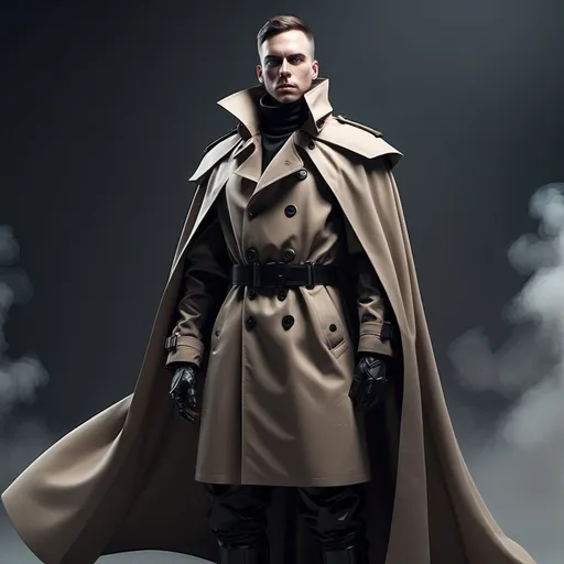 Prompt: Epic Sci-fi soldier wearing trench coat and shoulder cape with high collar 