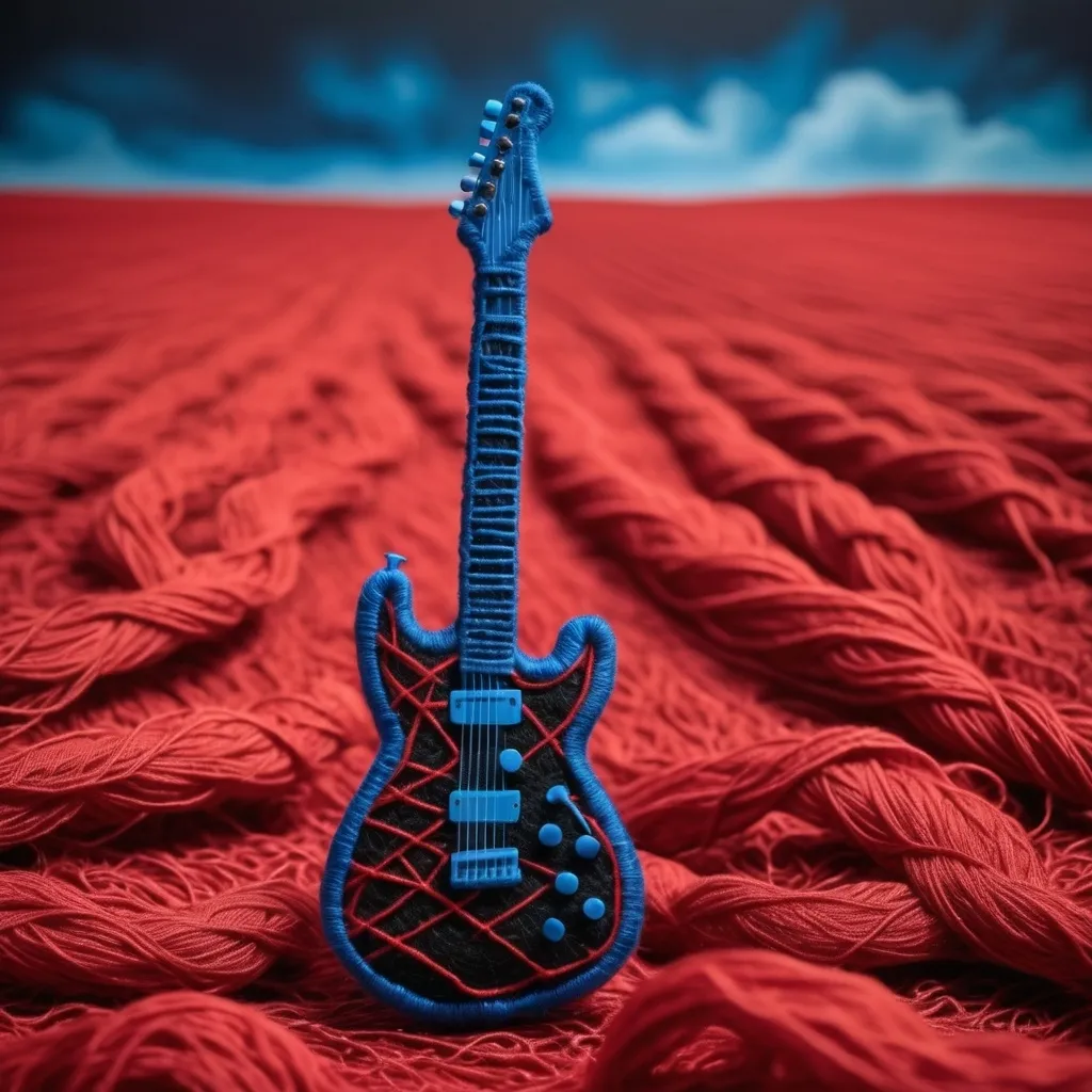 Prompt: Draw a representation of a soft and delicate electric guitar made out of black and red yarn in a field of electric blue and explosive red yarn as its background