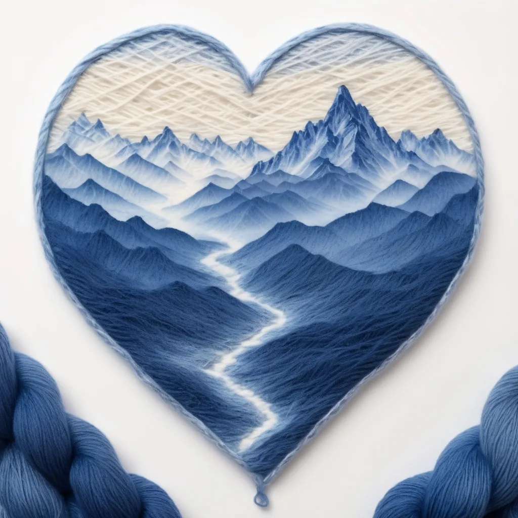 Prompt: Draw a representation of a soft and delicate heart shape yarn and inside it you can find blue mountain ranges that is fading from the distance of the main picture. All this with a white sterile background