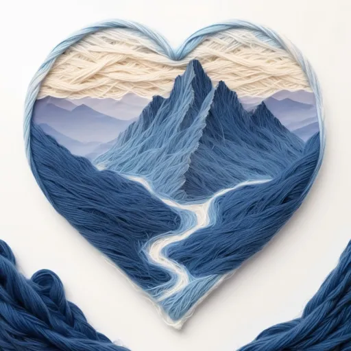 Prompt: Draw a representation of a soft and delicate heart shape yarn and inside it you can find blue mountain ranges that is fading from the distance of the main picture. All this with a white sterile background