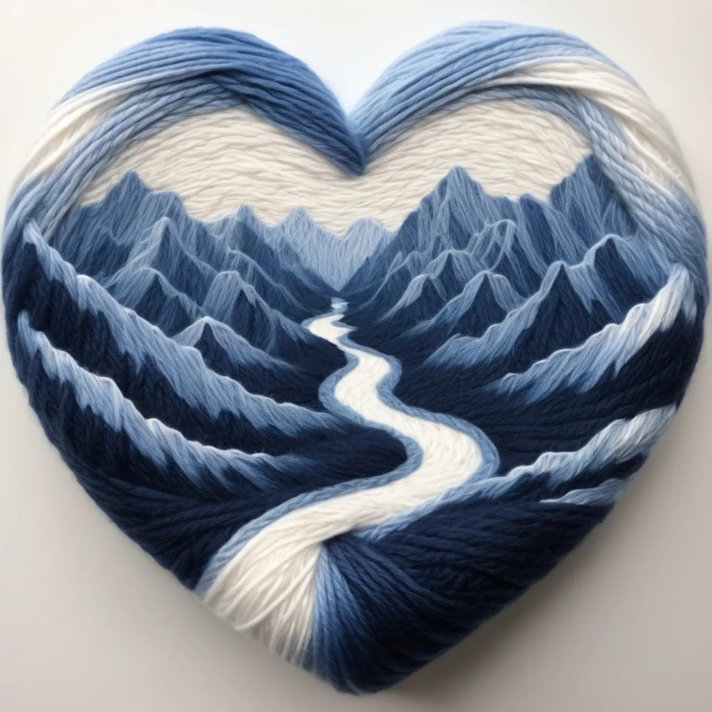 Prompt: Draw a representation of a soft and delicate heart shape yarn and inside it you can find blue mountain ranges that is fading from the distance of the main picture. All this with a white sterile background