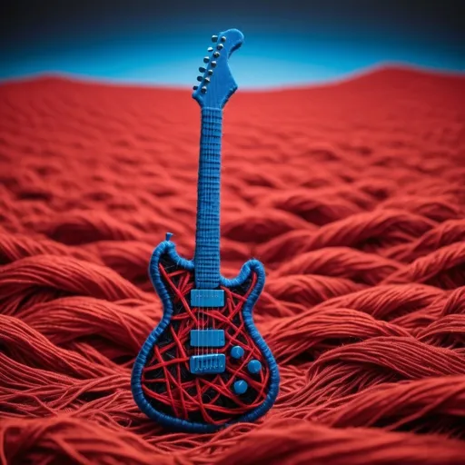 Prompt: Draw a representation of a soft and delicate electric guitar made out of black and red yarn in a field of electric blue and explosive red yarn as its background